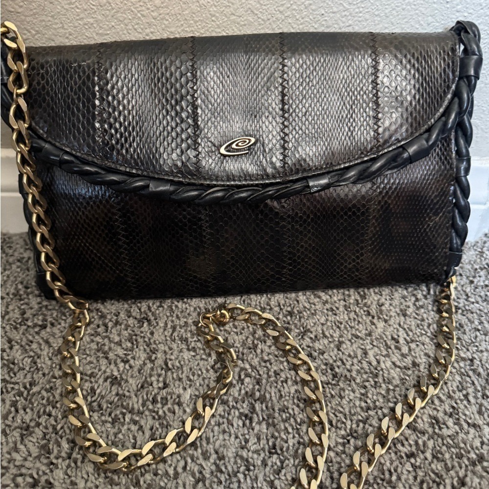Vintage Lancel Snakeskin Shoulder Bag‎ – Made in Spain – Black with Gold Chain
